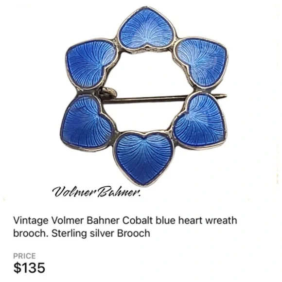 Volmer Bahner Sterling Silver and Blue Guilloche Enamel Heart Wreath Brooch - Picture 7 of 7
